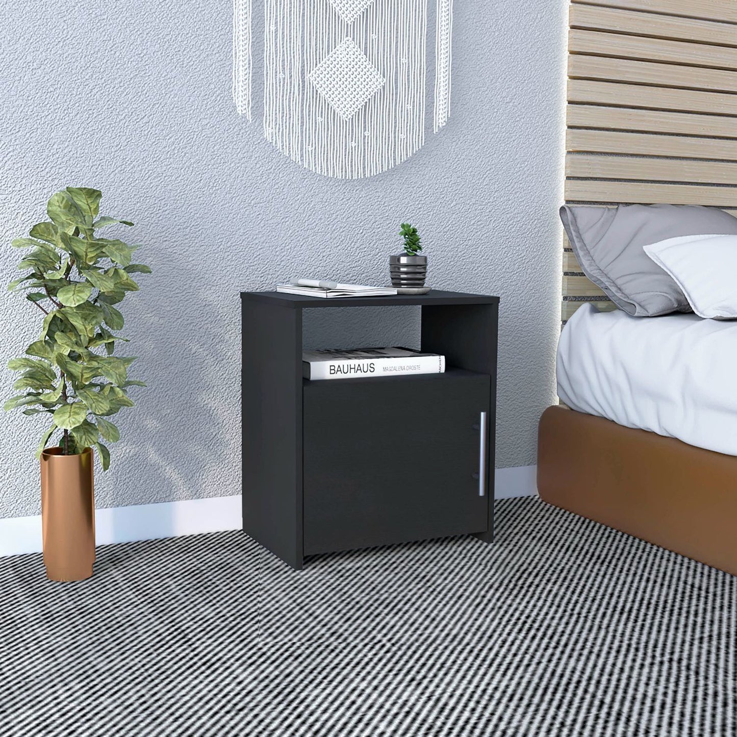 Nightstand, Single Door Cabinet, Metal Handle, One Shelf, Superior Top, Black image 1