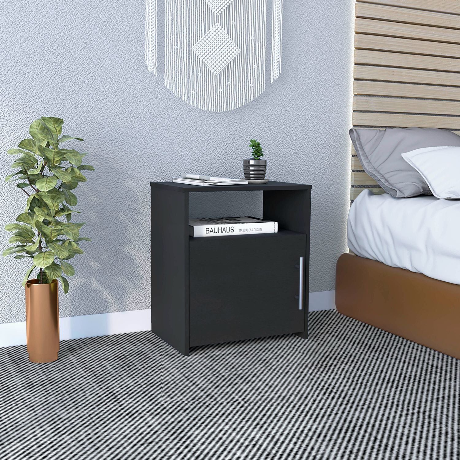 Nightstand, Single Door Cabinet, Metal Handle, One Shelf, Superior Top, Black image 1