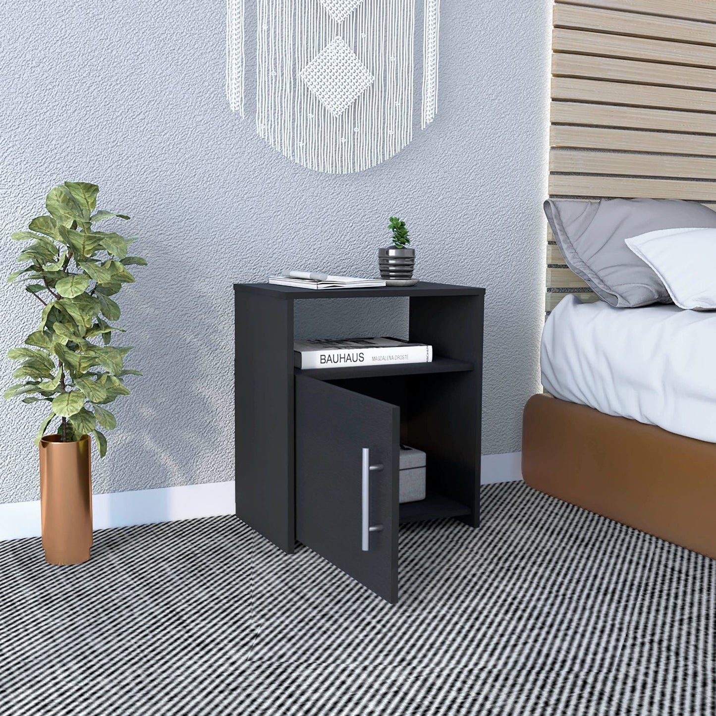 Nightstand, Single Door Cabinet, Metal Handle, One Shelf, Superior Top, Black image 2