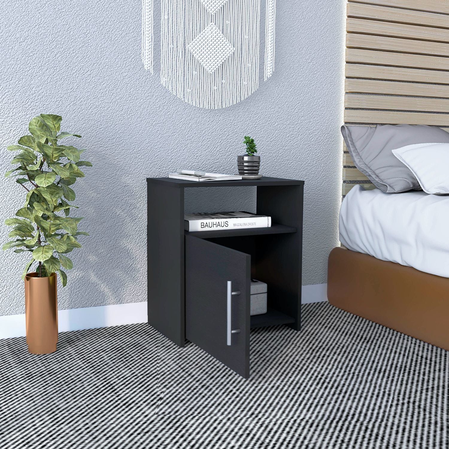 Nightstand, Single Door Cabinet, Metal Handle, One Shelf, Superior Top, Black image 2
