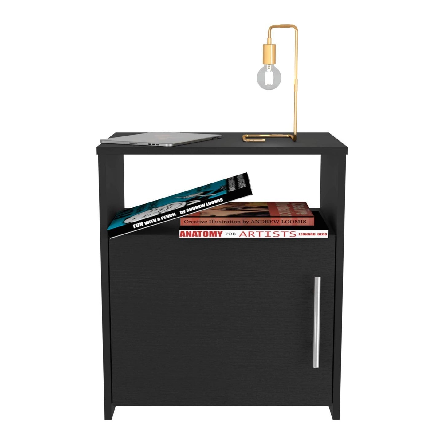 Nightstand, Single Door Cabinet, Metal Handle, One Shelf, Superior Top, Black image 3