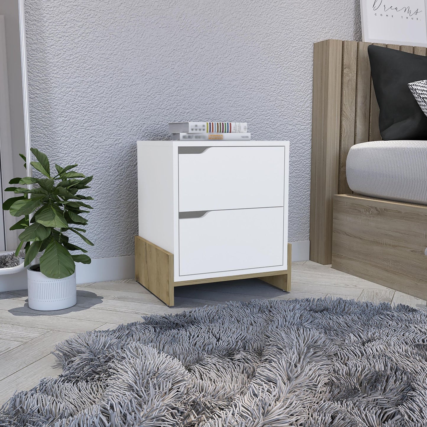 Nightstand with 2-Drawers, End Table with Sturdy Base, White / Macadamia image 1