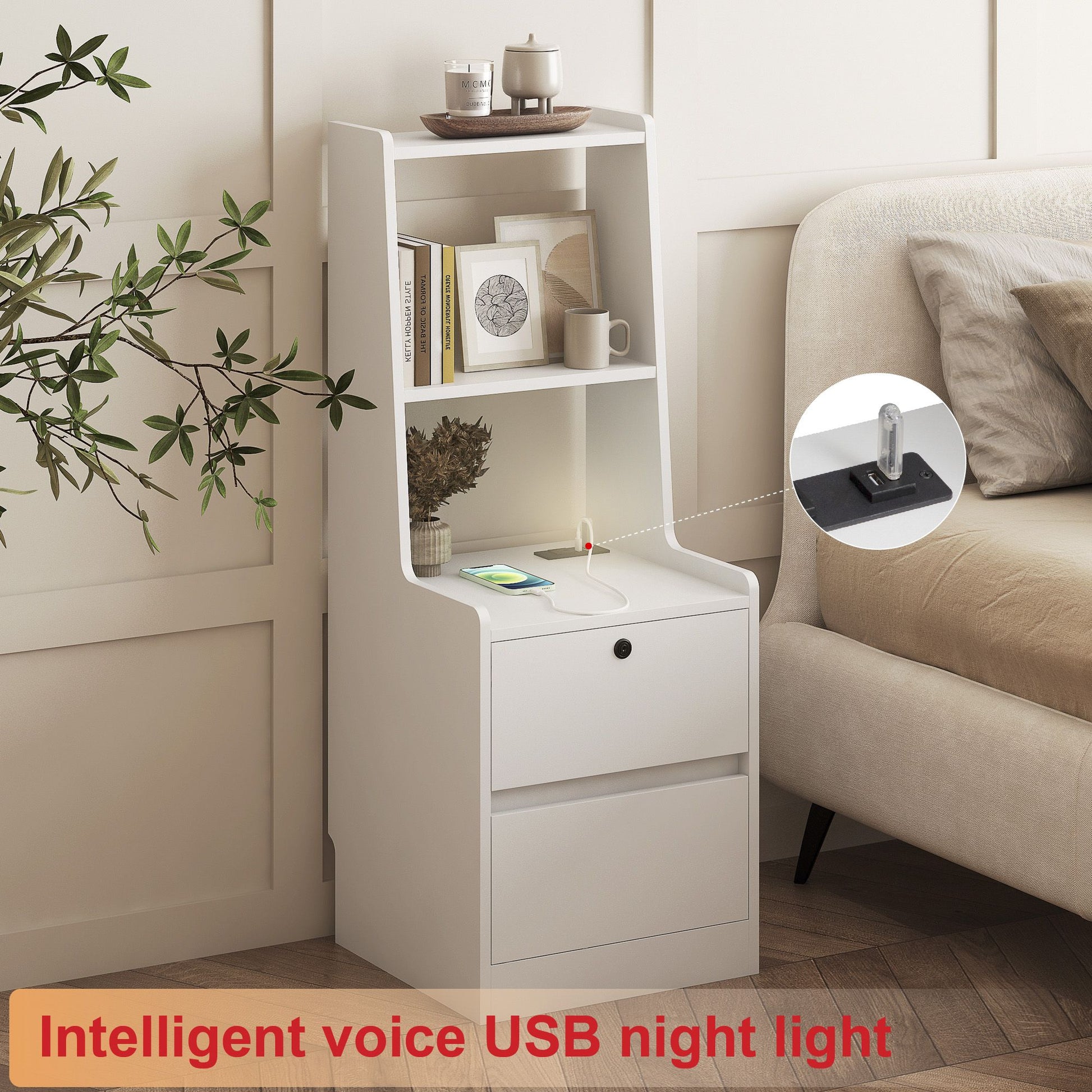 Nightstand with Charging Station, Smart Nightstand with Night Light, Modern Night Stand with Bookshelf, Bedside Tables w image 5