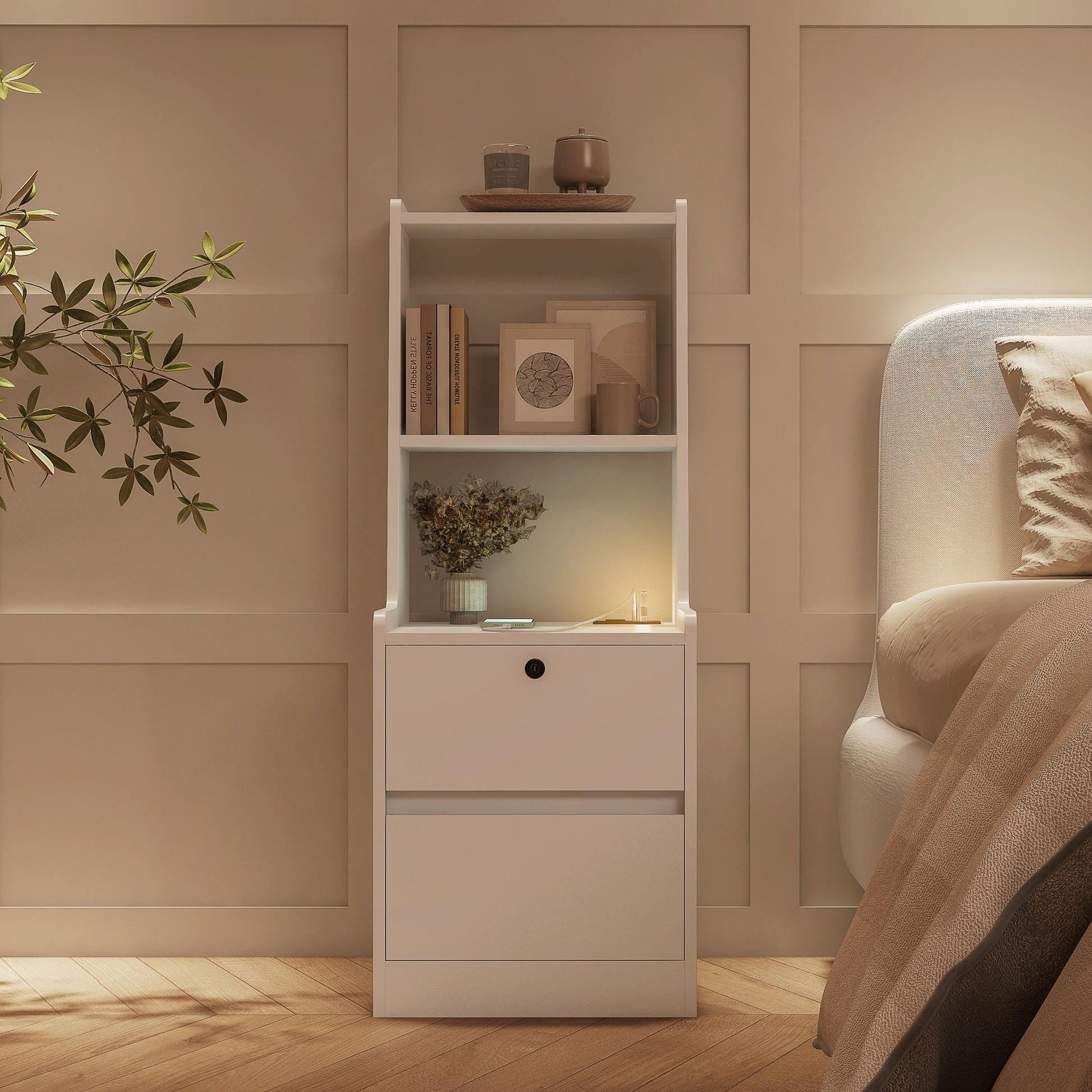 Nightstand with Charging Station, Smart Nightstand with Night Light, Modern Night Stand with Bookshelf, Bedside Tables w image 3