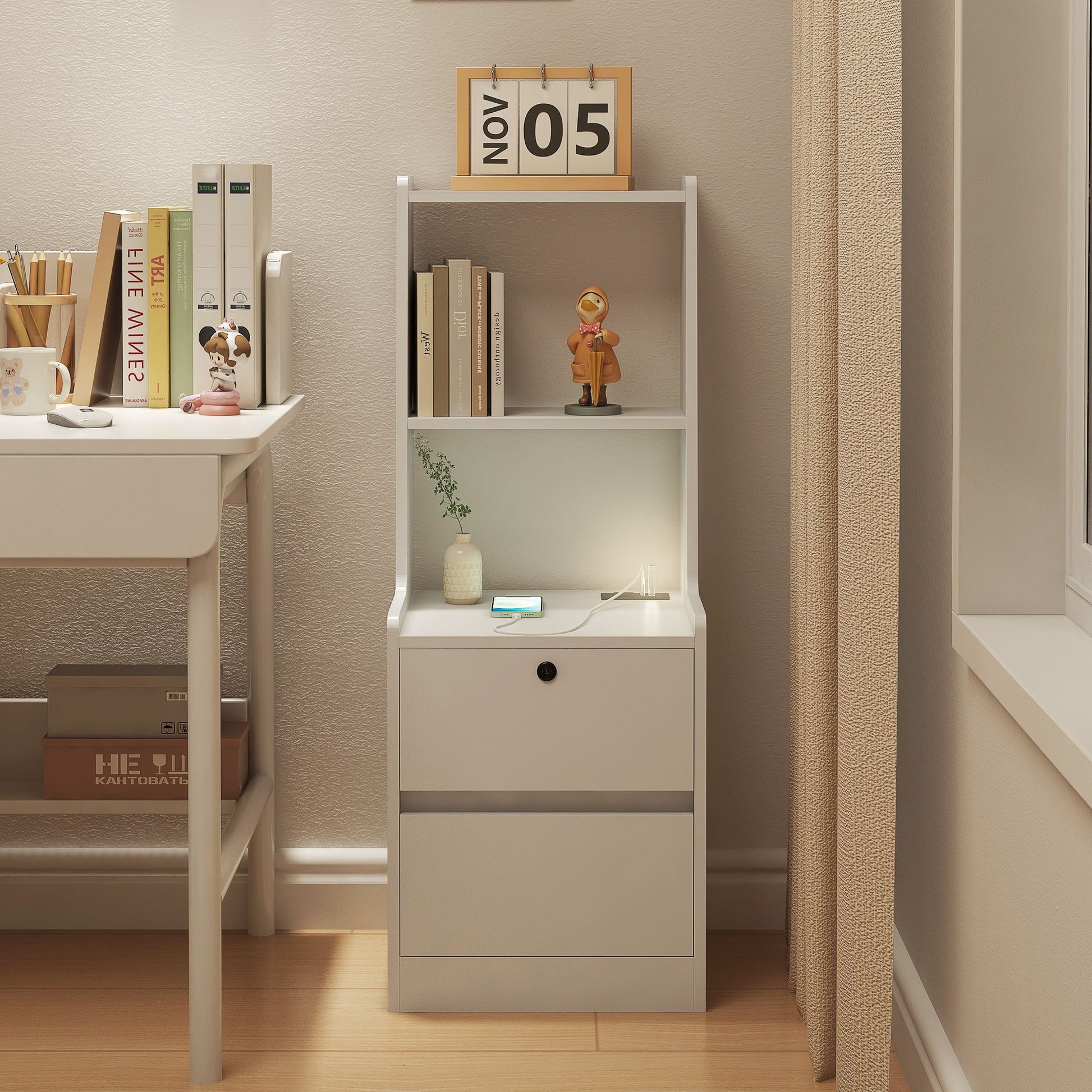 Nightstand with Charging Station, Smart Nightstand with Night Light, Modern Night Stand with Bookshelf, Bedside Tables w image 8