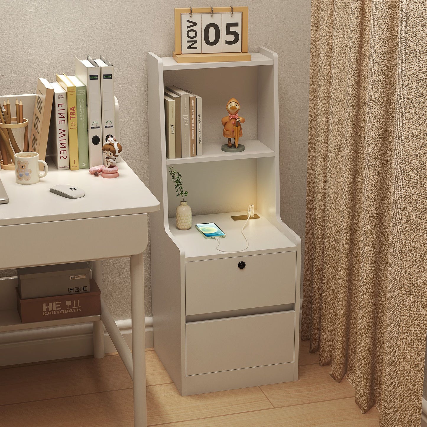 Nightstand with Charging Station, Smart Nightstand with Night Light, Modern Night Stand with Bookshelf, Bedside Tables w image 7