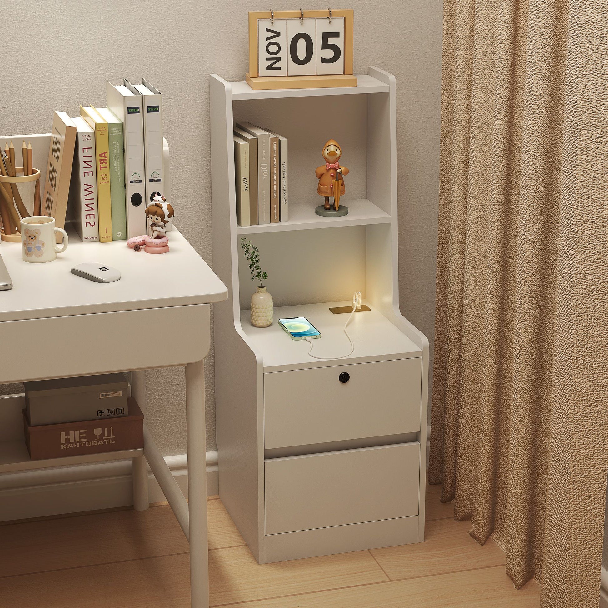 Nightstand with Charging Station, Smart Nightstand with Night Light, Modern Night Stand with Bookshelf, Bedside Tables w image 7