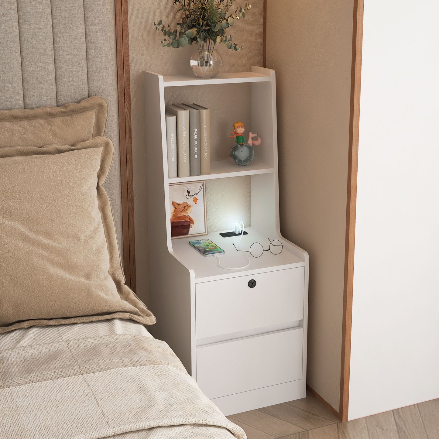 Nightstand with Charging Station, Smart Nightstand with Night Light, Modern Night Stand with Bookshelf, Bedside Tables w image 2