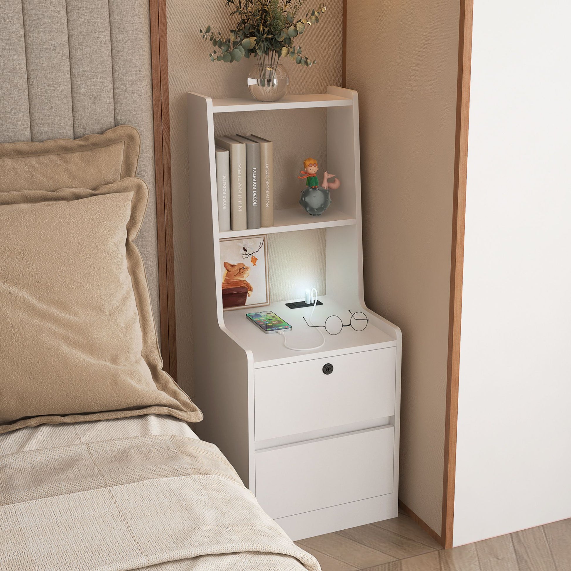 Nightstand with Charging Station, Smart Nightstand with Night Light, Modern Night Stand with Bookshelf, Bedside Tables w image 2