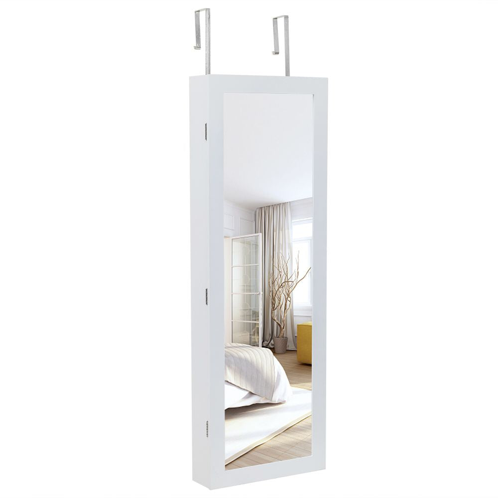 White wall mounted jewelry cabinet with LED lights illuminated