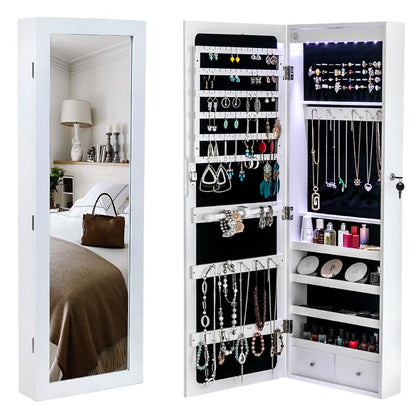 White wall mounted jewelry cabinet with mirror and LED lights - front view