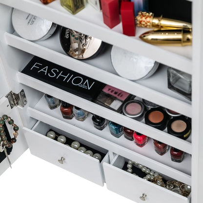 Jewelry cabinet with LED lights and mirror - angled view