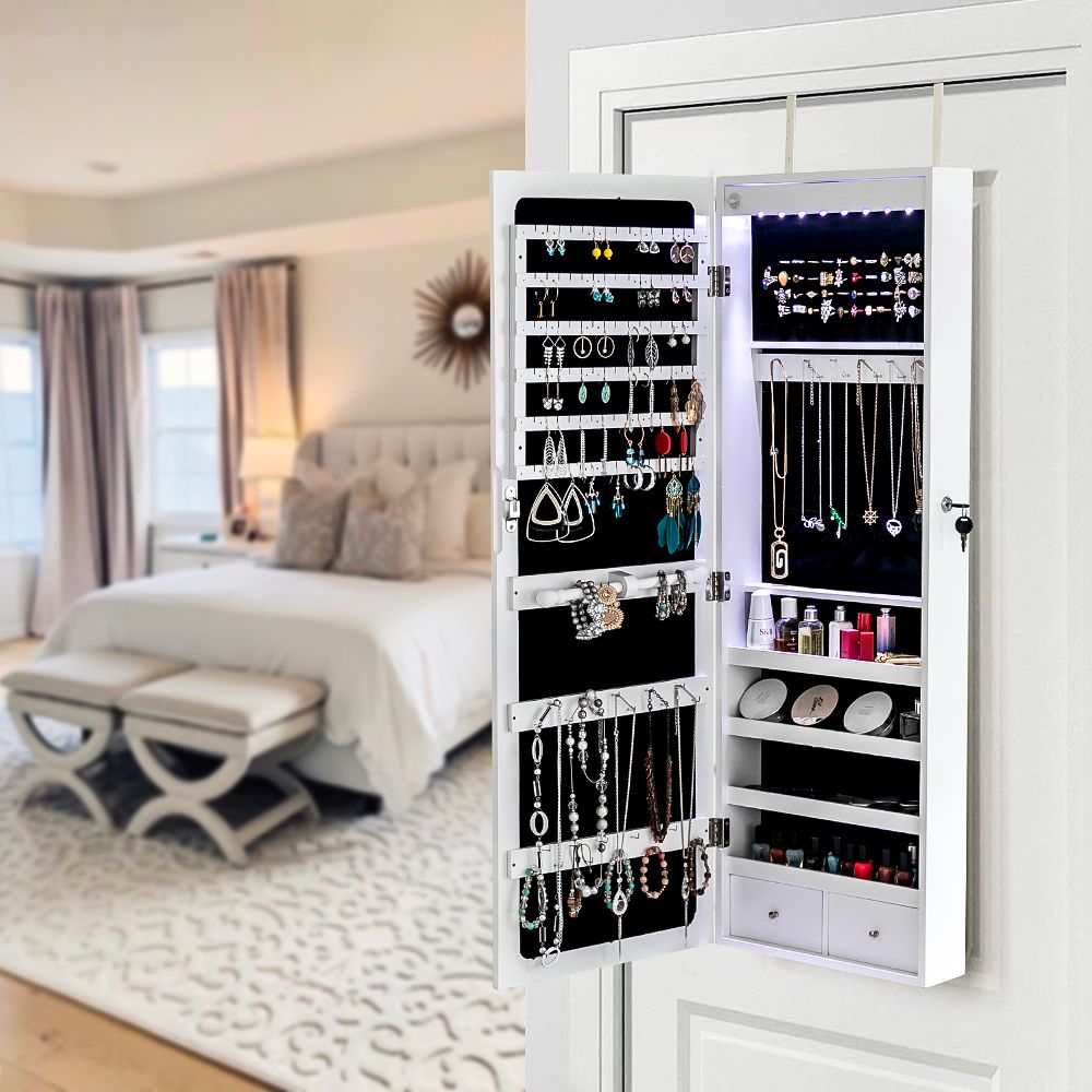 Non Full Mirror Wooden Wall Mounted 4-Layer Shelf, 2 Drawers, 8 Blue LED Lights, Jewelry Storage Mirror Cabinet - White image 14