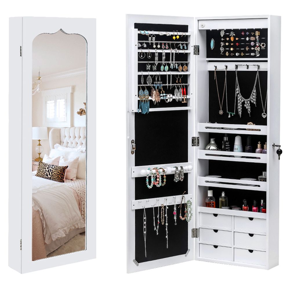 White wall mounted jewelry cabinet with LED lights and mirror