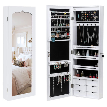 White wall mounted jewelry cabinet with LED lights and mirror