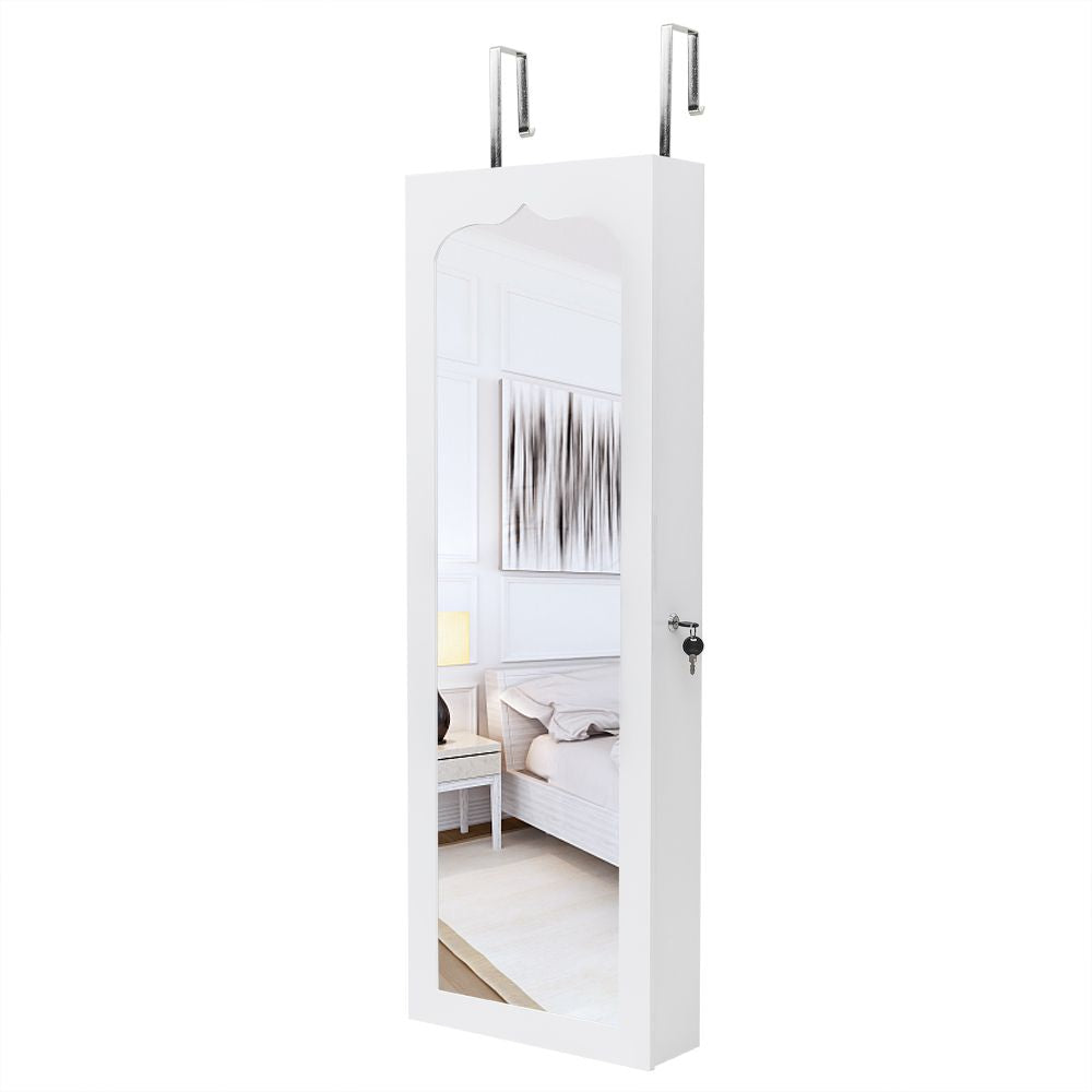 Jewelry cabinet open showing shelves and drawers