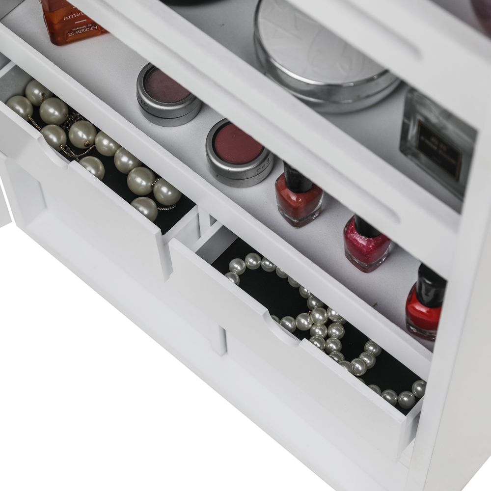 Wall mounted jewelry cabinet in bedroom setting