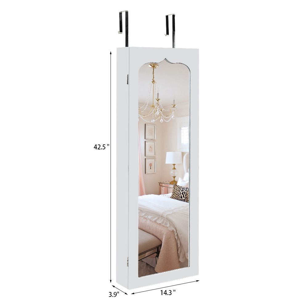 Non Full Mirror Wooden Wall Mounted 4-Layer Shelf 6 Drawers 8 Blue LED Light Jewelry Storage Mirror Cabinet - White image 14