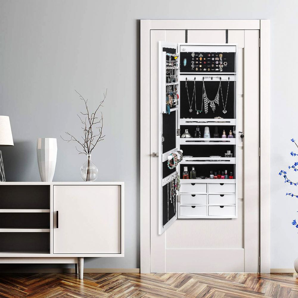 Non Full Mirror Wooden Wall Mounted 4-Layer Shelf 6 Drawers 8 Blue LED Light Jewelry Storage Mirror Cabinet - White image 16