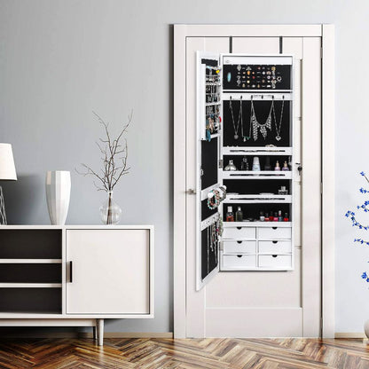 Non Full Mirror Wooden Wall Mounted 4-Layer Shelf 6 Drawers 8 Blue LED Light Jewelry Storage Mirror Cabinet - White image 16