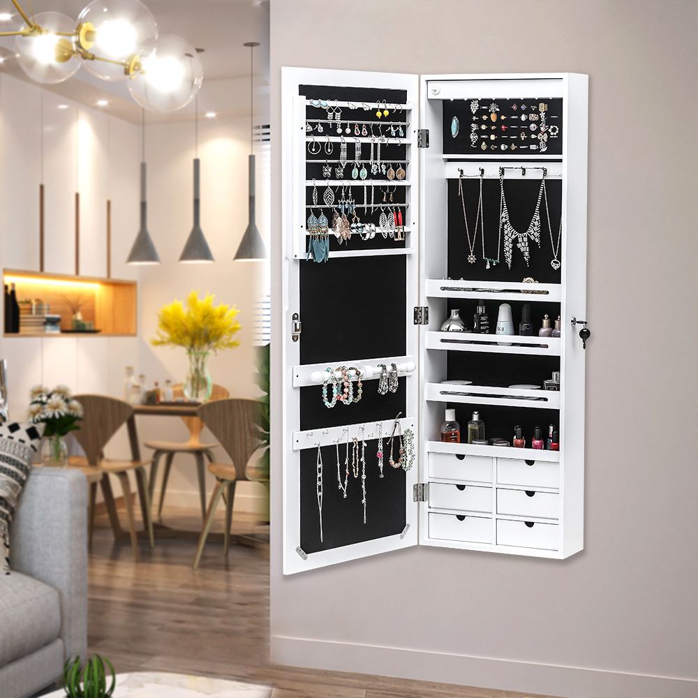 Non Full Mirror Wooden Wall Mounted 4-Layer Shelf 6 Drawers 8 Blue LED Light Jewelry Storage Mirror Cabinet - White image 17