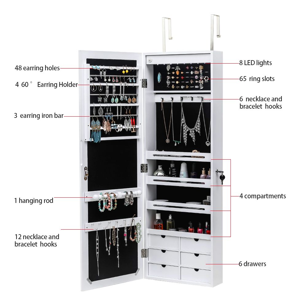 Non Full Mirror Wooden Wall Mounted 4-Layer Shelf 6 Drawers 8 Blue LED Light Jewelry Storage Mirror Cabinet - White image 15