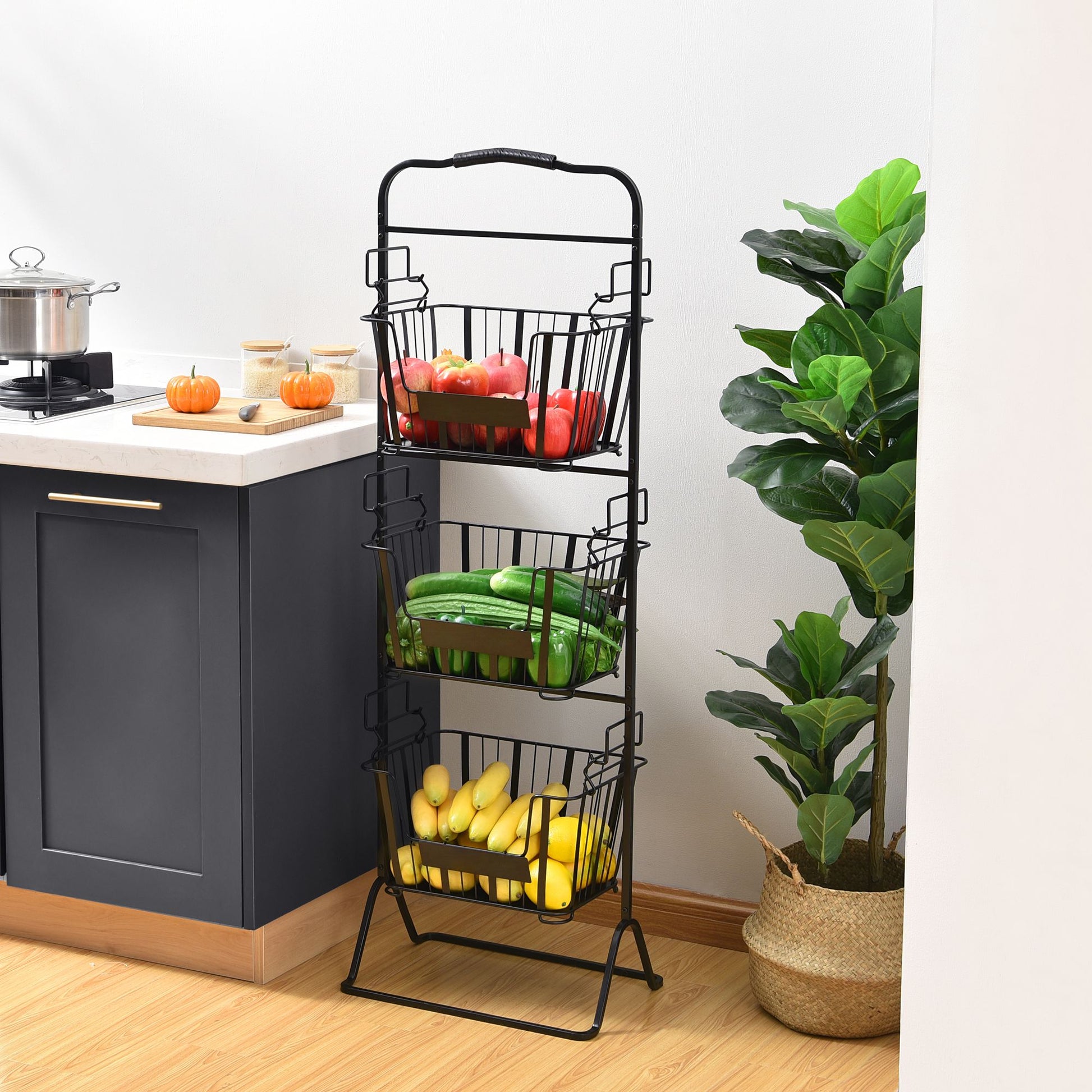 Oceanstar 3-Tier Metal Wire Storage Basket Stand with Removable Baskets – Black image 9