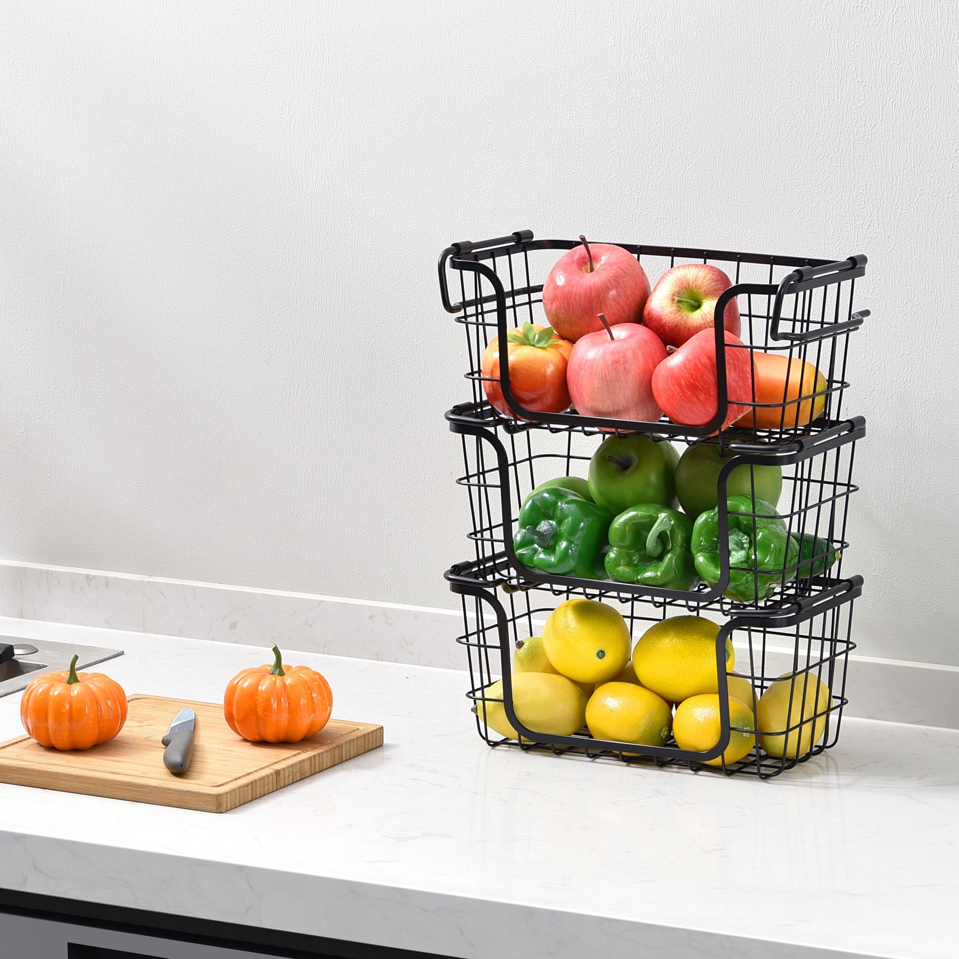 Oceanstar Stackable Metal Wire Storage Basket Set for Pantry, Countertop, Kitchen or Bathroom – Black, Set of 3 image 9