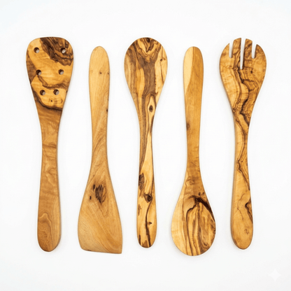 Olive Wood Kitchen Utensil Set - 5 Pcs Hand-Carved Wooden Cooking Spoon and Spatula Set for Nonstick Cookware image 7