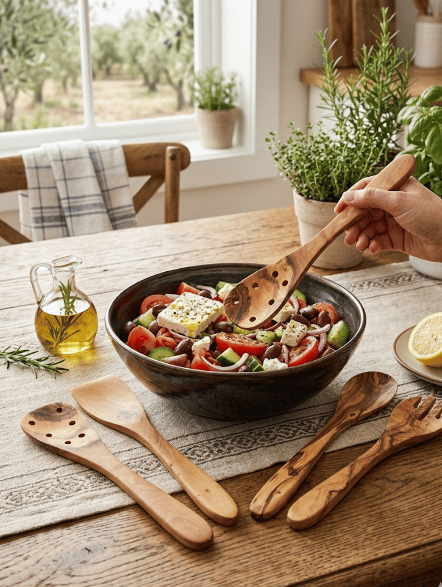 Olive Wood Kitchen Utensil Set - 5 Pcs Hand-Carved Wooden Cooking Spoon and Spatula Set for Nonstick Cookware image 8