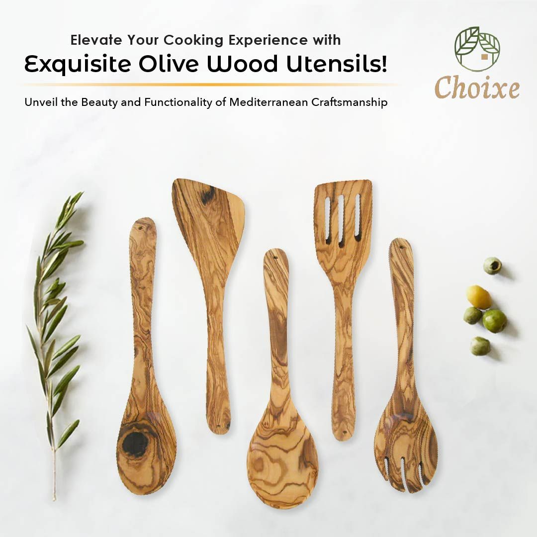 Olive Wood Kitchen Utensil Set - 5 Pcs Hand-Carved Wooden Cooking Spoon and Spatula Set for Nonstick Cookware image 2