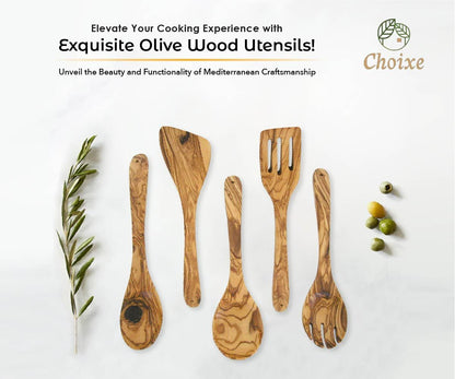 Olive Wood Kitchen Utensil Set - 5 Pcs Hand-Carved Wooden Cooking Spoon and Spatula Set for Nonstick Cookware image 5