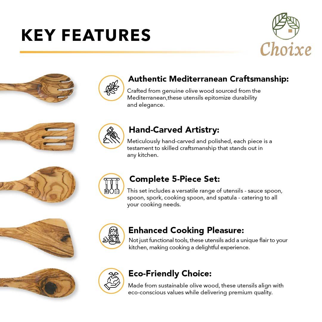 Olive Wood Kitchen Utensil Set - 5 Pcs Hand-Carved Wooden Cooking Spoon and Spatula Set for Nonstick Cookware image 3