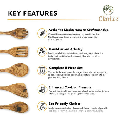 Olive Wood Kitchen Utensil Set - 5 Pcs Hand-Carved Wooden Cooking Spoon and Spatula Set for Nonstick Cookware image 3