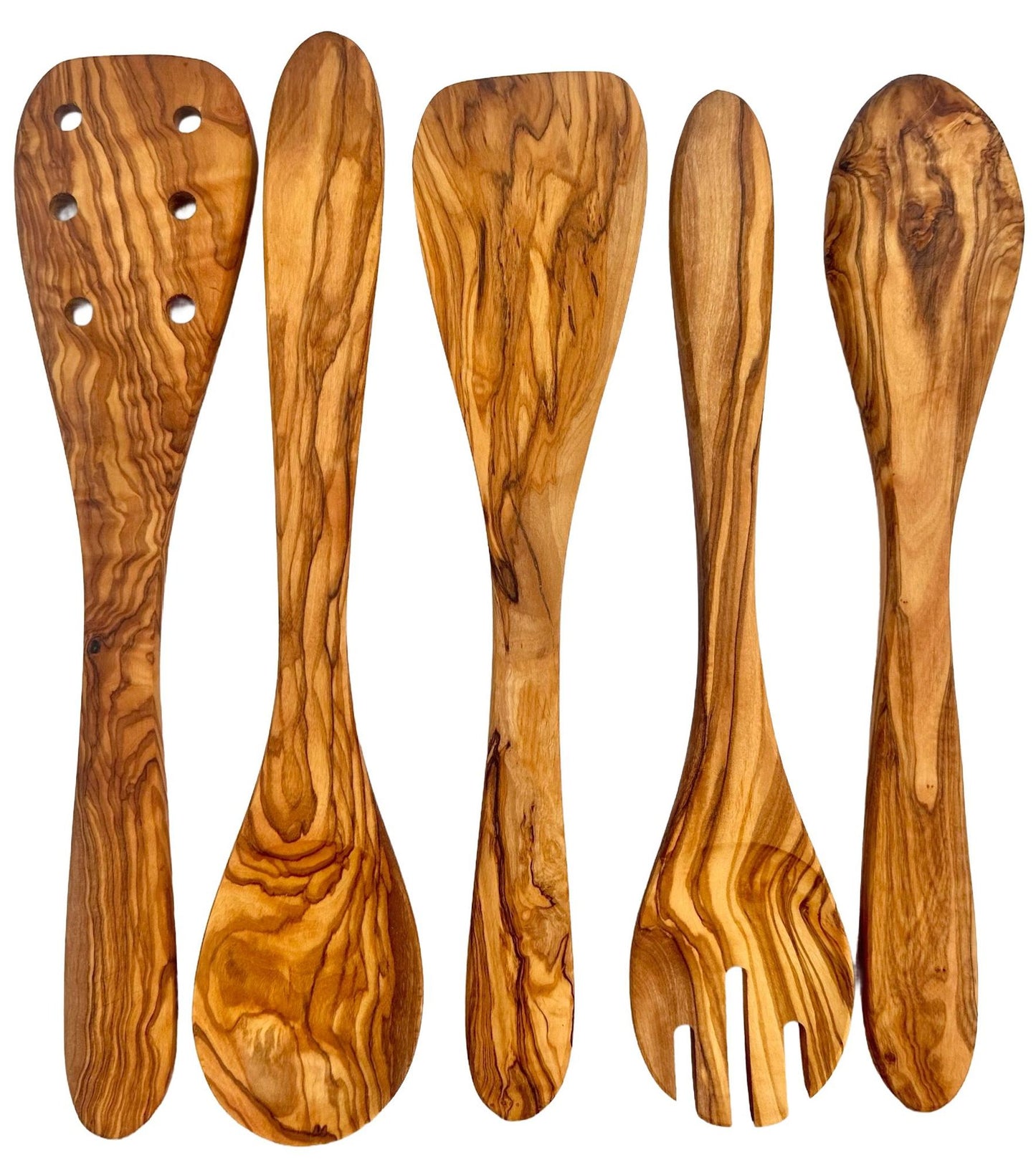 Olive Wood Kitchen Utensil Set - 5 Pcs Hand-Carved Wooden Cooking Spoon and Spatula Set for Nonstick Cookware image 1