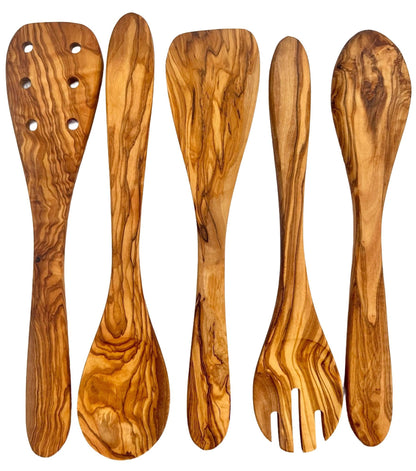 Olive Wood Kitchen Utensil Set - 5 Pcs Hand-Carved Wooden Cooking Spoon and Spatula Set for Nonstick Cookware image 1