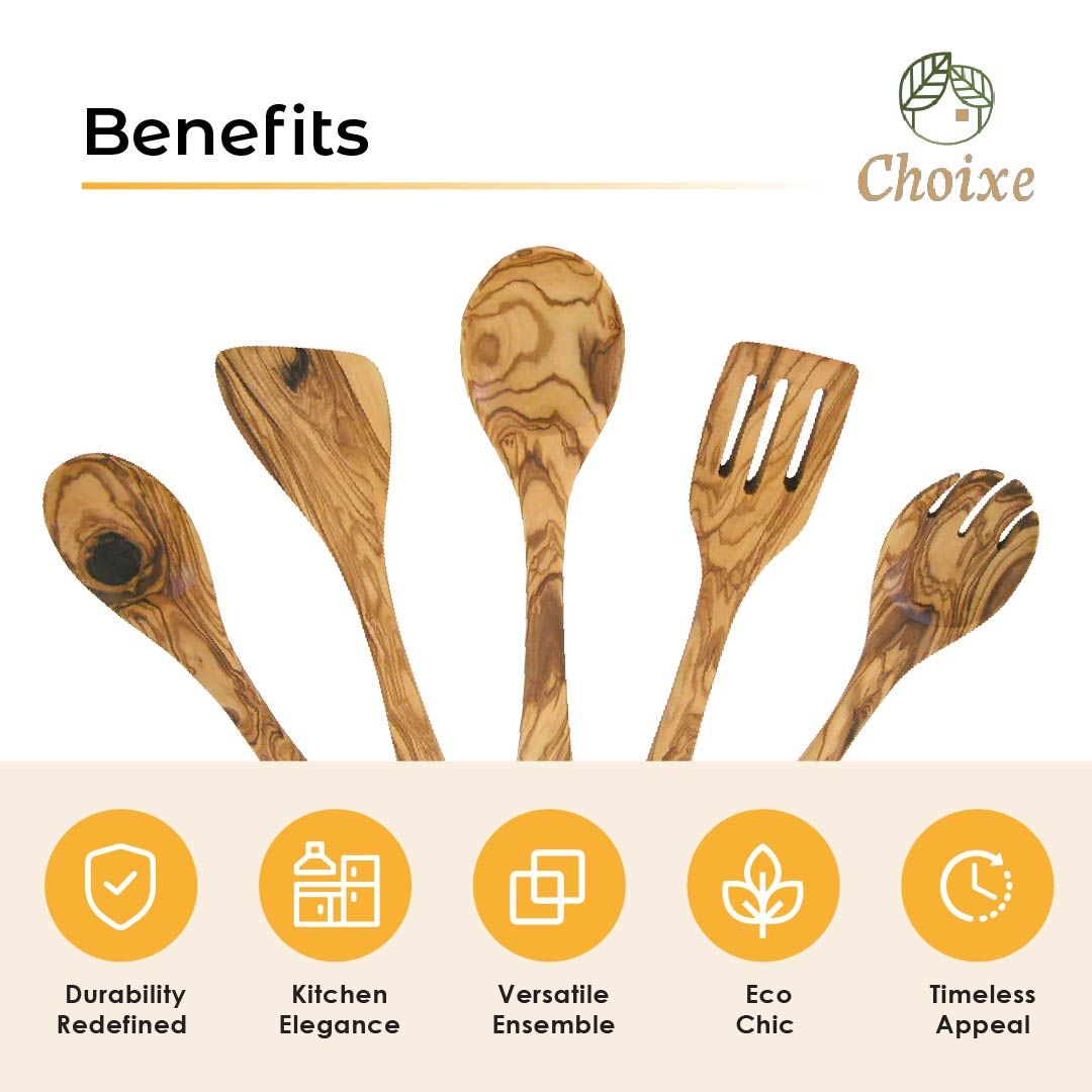 Olive Wood Kitchen Utensil Set - 5 Pcs Hand-Carved Wooden Cooking Spoon and Spatula Set for Nonstick Cookware image 4