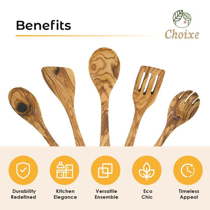 Olive Wood Kitchen Utensil Set - 5 Pcs Hand-Carved Wooden Cooking Spoon and Spatula Set for Nonstick Cookware image 4