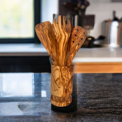 Olive Wood Kitchen Utensil Set with Holder - 6 Piece Hand Carved Wooden Cooking Spoons and Spatula Tools Set for Cooking image 2