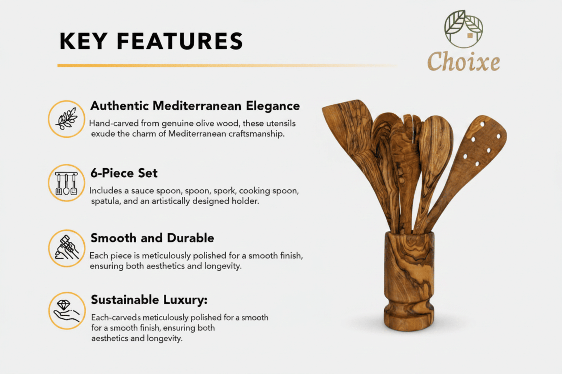 Olive Wood Kitchen Utensil Set with Holder - 6 Piece Hand Carved Wooden Cooking Spoons and Spatula Tools Set for Cooking image 3