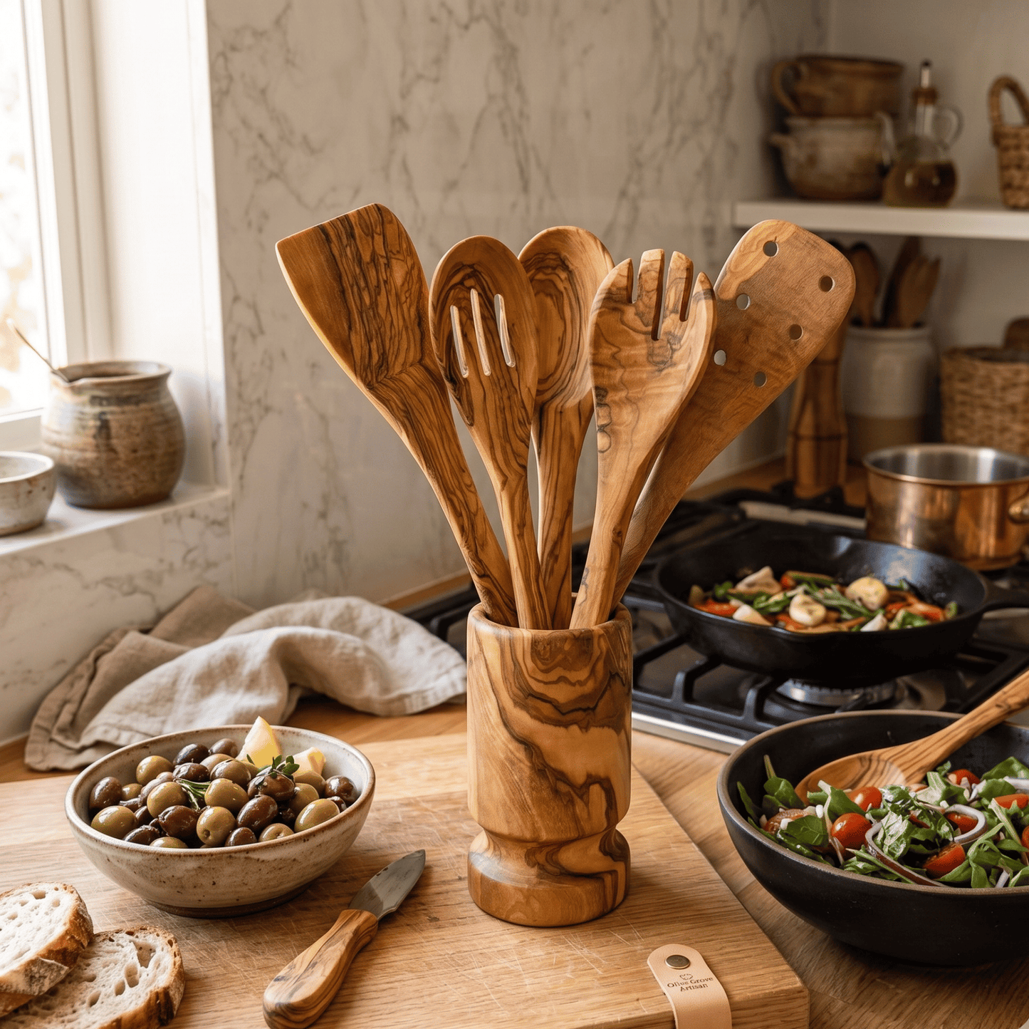Olive Wood Kitchen Utensil Set with Holder - 6 Piece Hand Carved Wooden Cooking Spoons and Spatula Tools Set for Cooking image 5