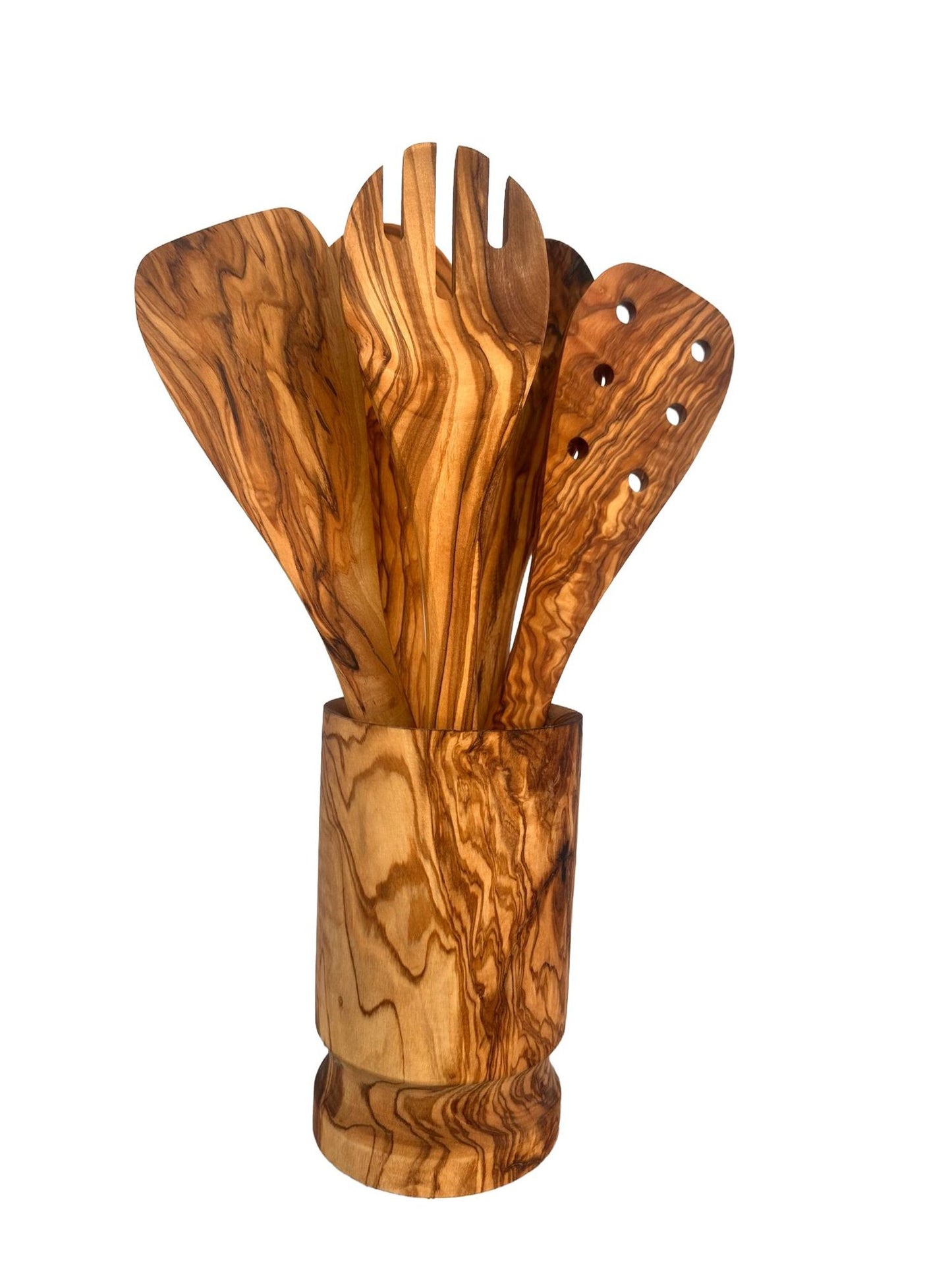 Olive Wood Kitchen Utensil Set with Holder - 6 Piece Hand Carved Wooden Cooking Spoons and Spatula Tools Set for Cooking image 1