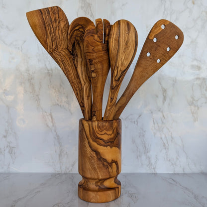 Olive Wood Kitchen Utensil Set with Holder - 6 Piece Hand Carved Wooden Cooking Spoons and Spatula Tools Set for Cooking image 6