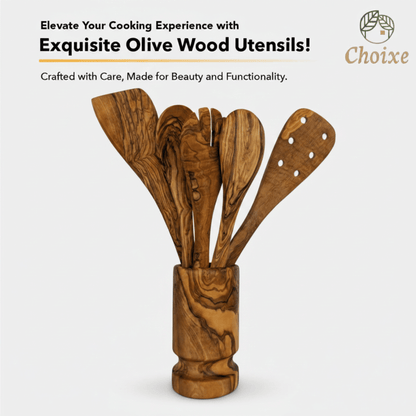 Olive Wood Kitchen Utensil Set with Holder - 6 Piece Hand Carved Wooden Cooking Spoons and Spatula Tools Set for Cooking image 4