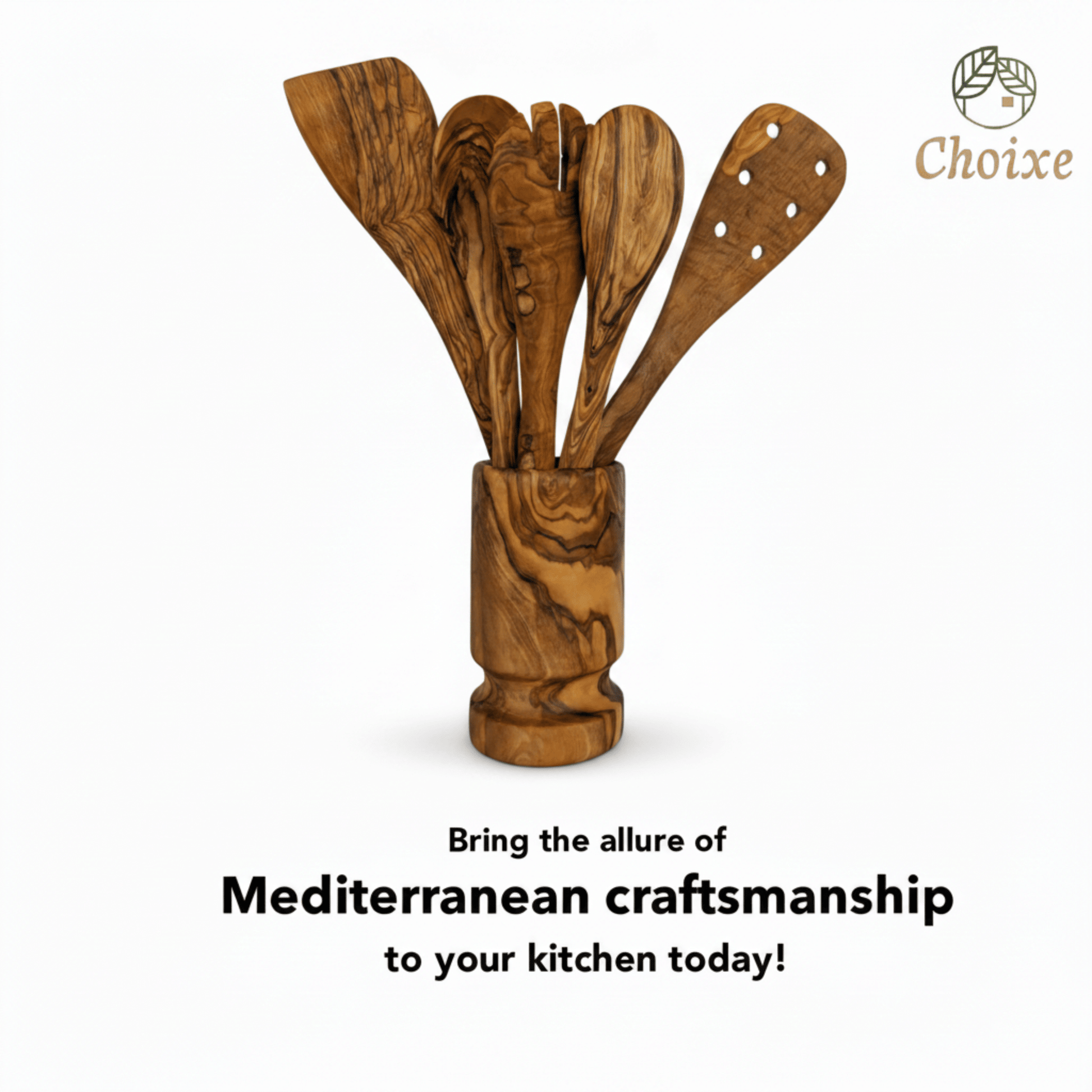 Olive Wood Kitchen Utensil Set with Holder - 6 Piece Hand Carved Wooden Cooking Spoons and Spatula Tools Set for Cooking image 7