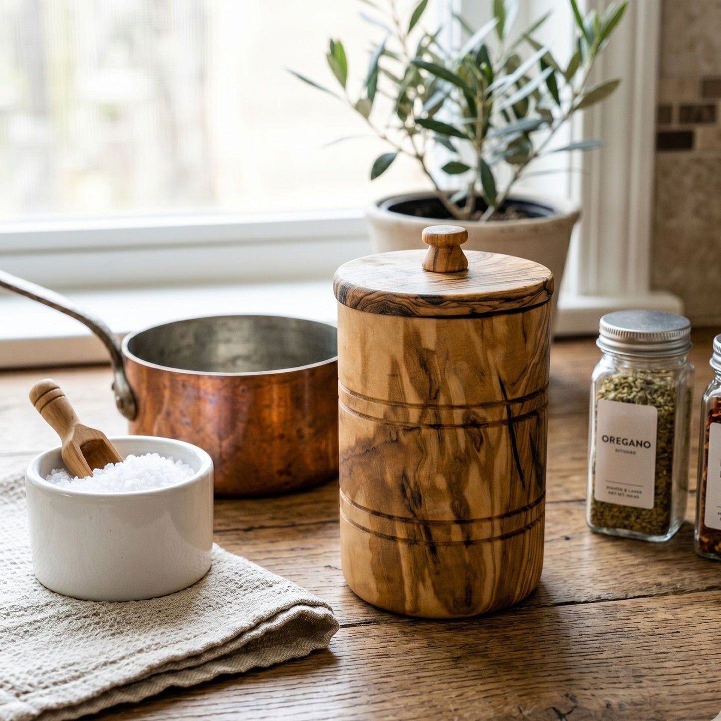 Olive Wood Spice Jar Salt Keeper with Lid - Hand-Carved Airtight Salt Cellar & Decorative Sugar Bowl, Sustainable Kitche image 2