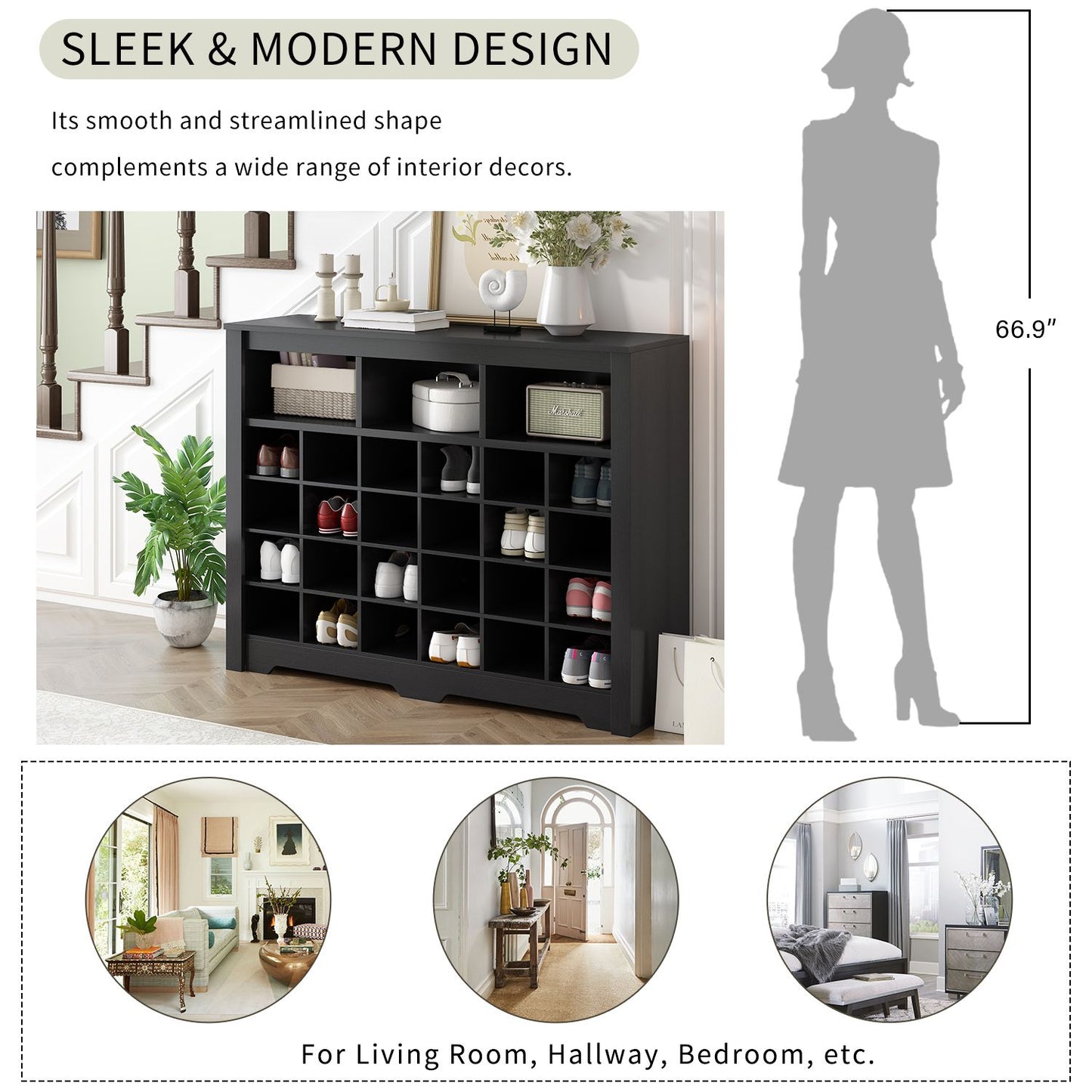 ON-TREND Sleek Design 24 Shoe Cubby Console, Modern Shoe Cabinet with Curved Base, Versatile Sideboard with High-quality image 3