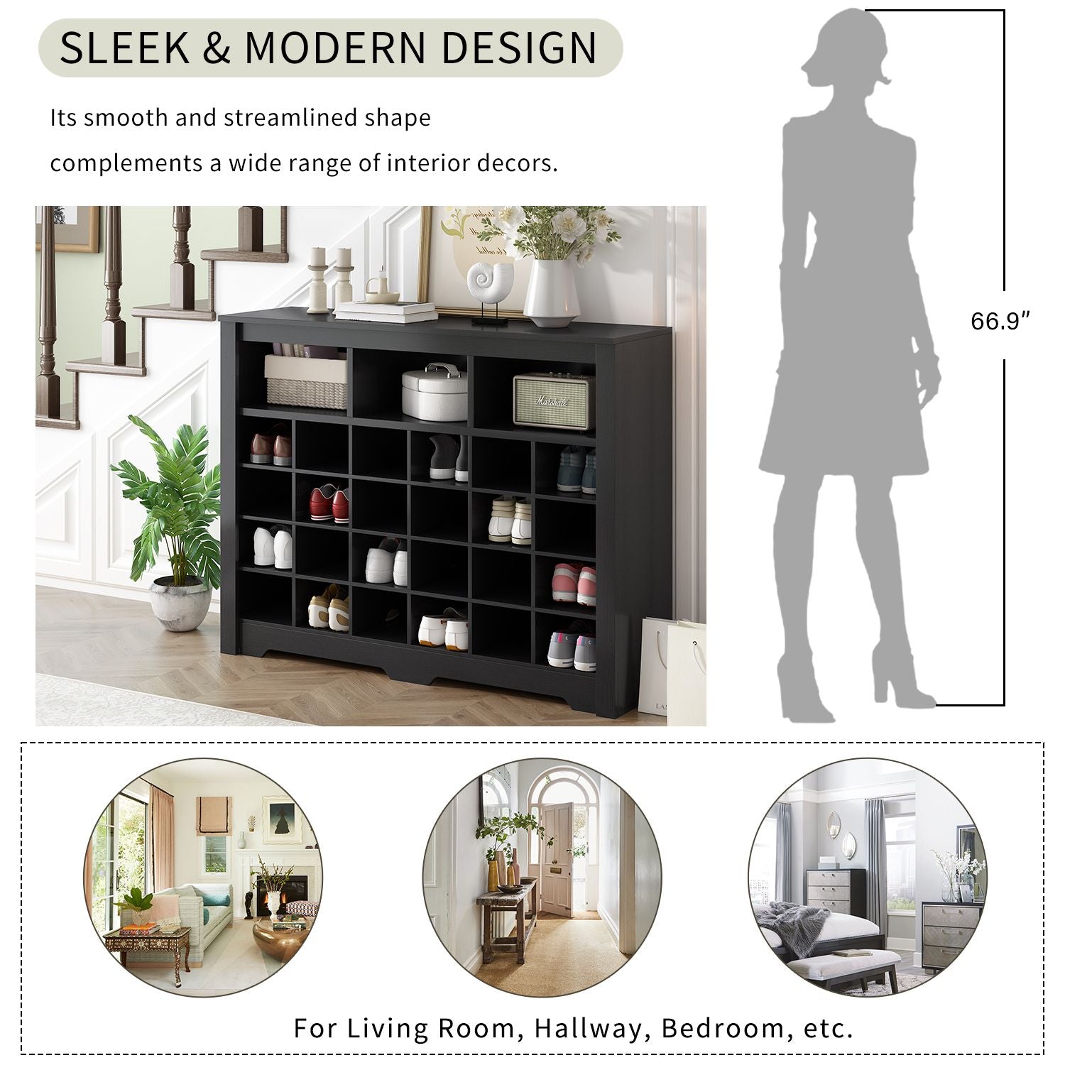ON-TREND Sleek Design 24 Shoe Cubby Console, Modern Shoe Cabinet with Curved Base, Versatile Sideboard with High-quality image 3