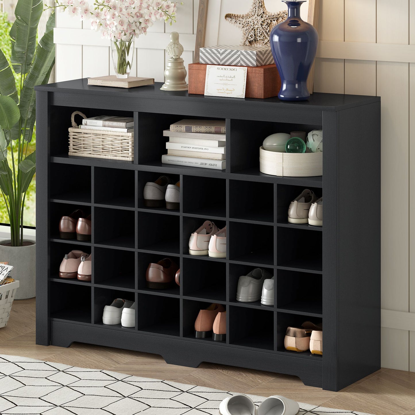 ON-TREND Sleek Design 24 Shoe Cubby Console, Modern Shoe Cabinet with Curved Base, Versatile Sideboard with High-quality image 1