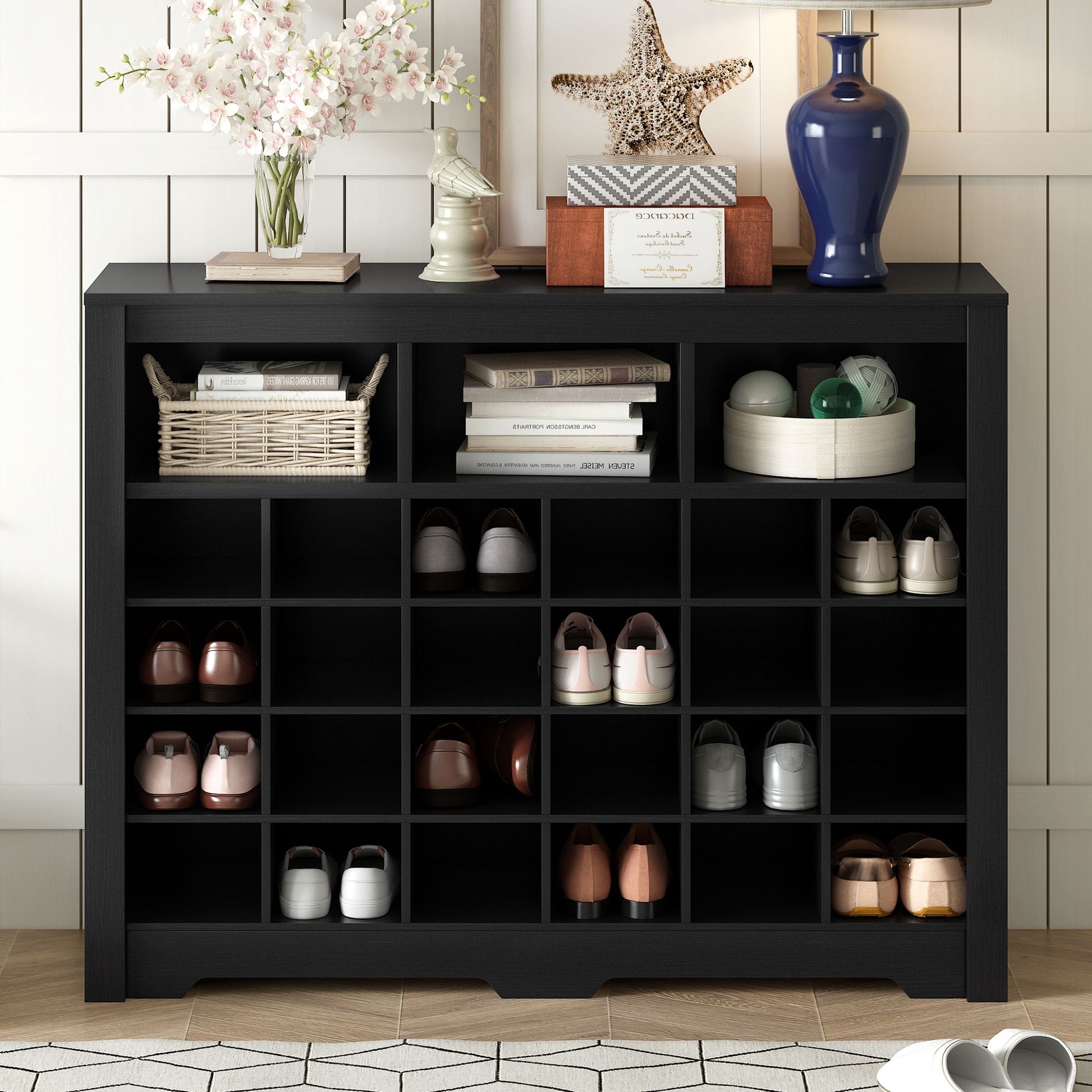 ON-TREND Sleek Design 24 Shoe Cubby Console, Modern Shoe Cabinet with Curved Base, Versatile Sideboard with High-quality image 2
